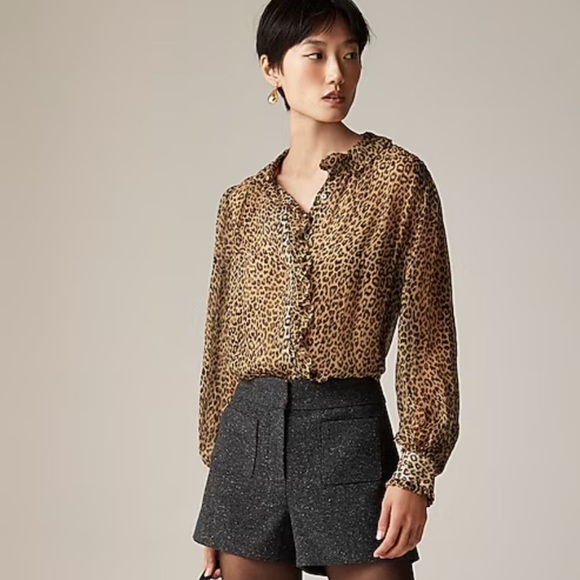 J crew Ruffle button-up shirt in leopard-print crinkle chiffon - Picture 1 of 6